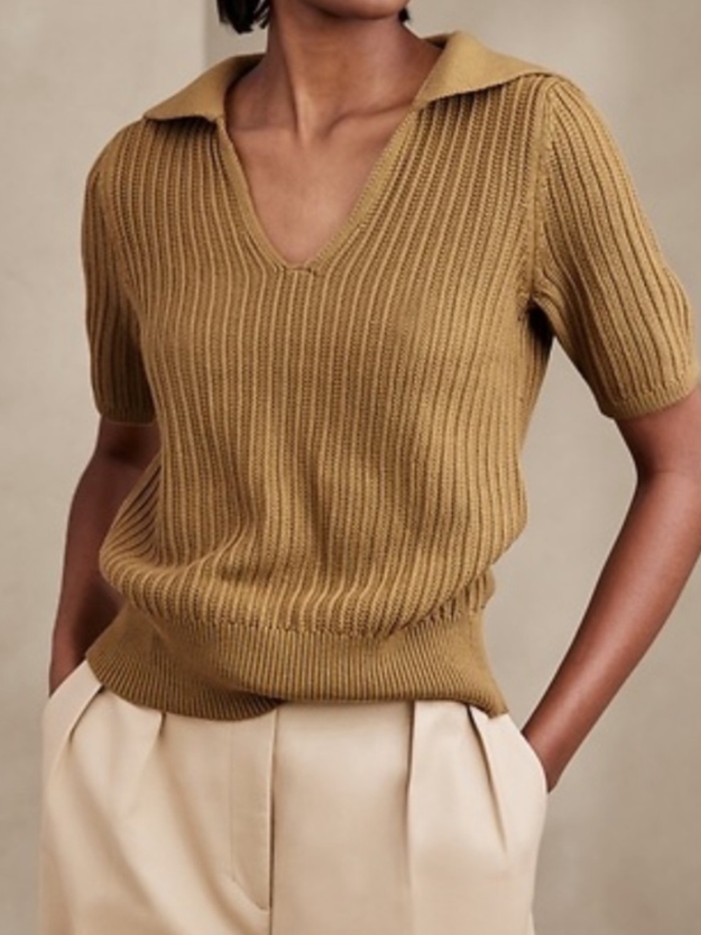 Banana Republic Short-Sleeve V-Neck Ribbed Sweater Top